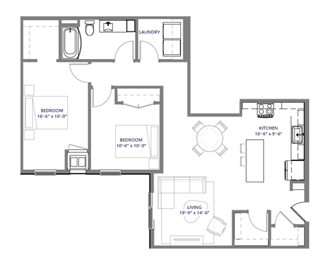 Floor plan for 2 beds, 1 bath, 1013 sqft